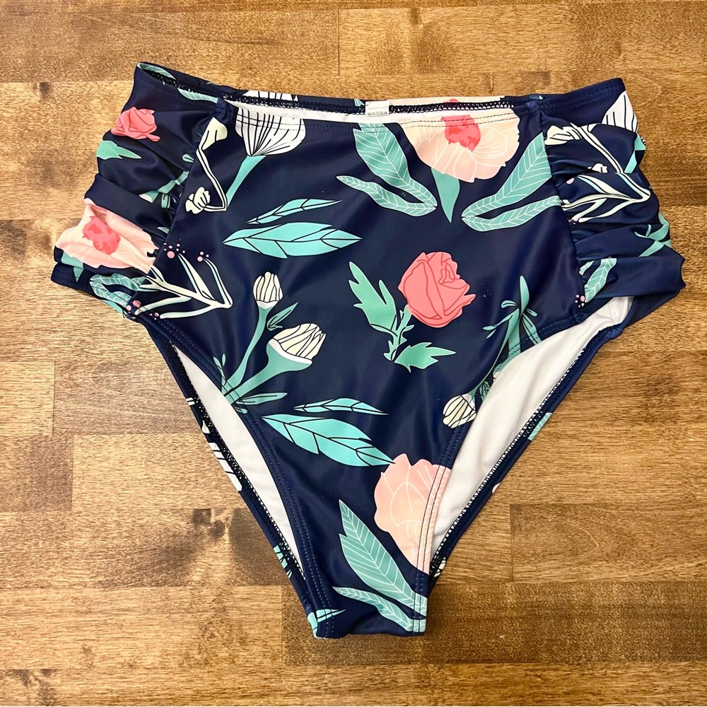 Women’s High-Waisted Floral Bikini Bottoms navy blue